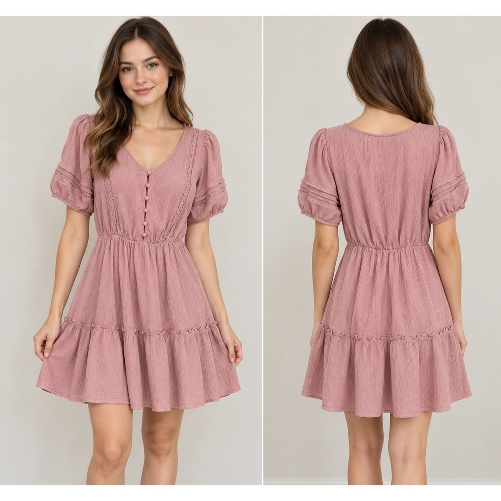 Maurices Pink Crinkle Tiered Mini Dress V-Neck Lace Trim XS 25808387F